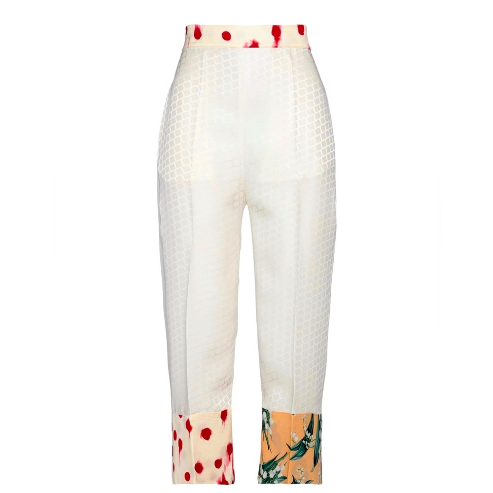 White and Red Ankle Cropped Silk Trousers with Polka Dots